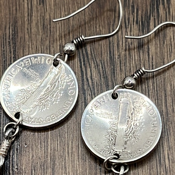 Vintage Mercury Dime Dangle Feather Earrings 1944 and 1945. Silver Mercury Dime - Picture 9 of 13